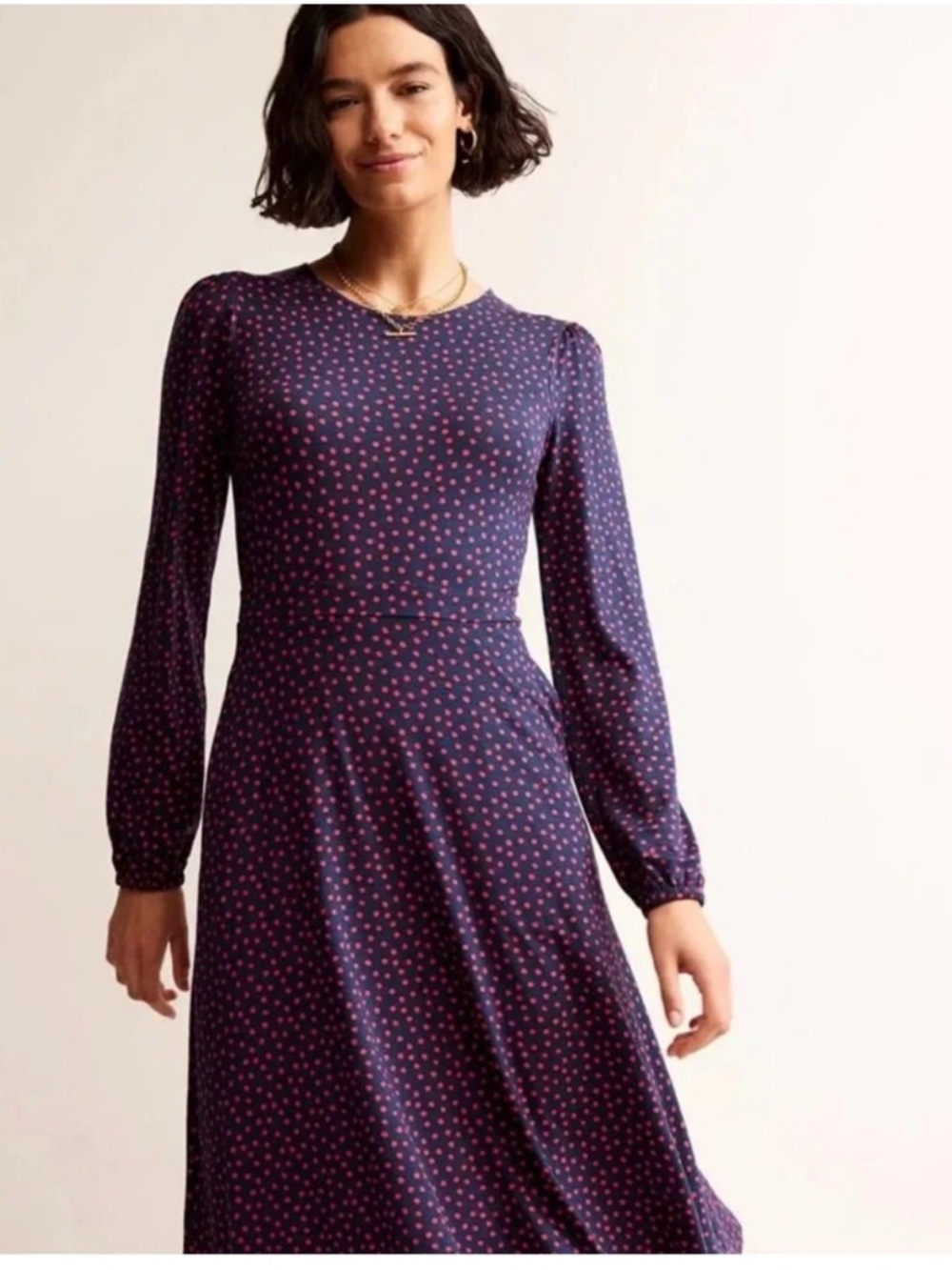 BODEN Camille Navy Blue Red Polka Dot Midi Jersey